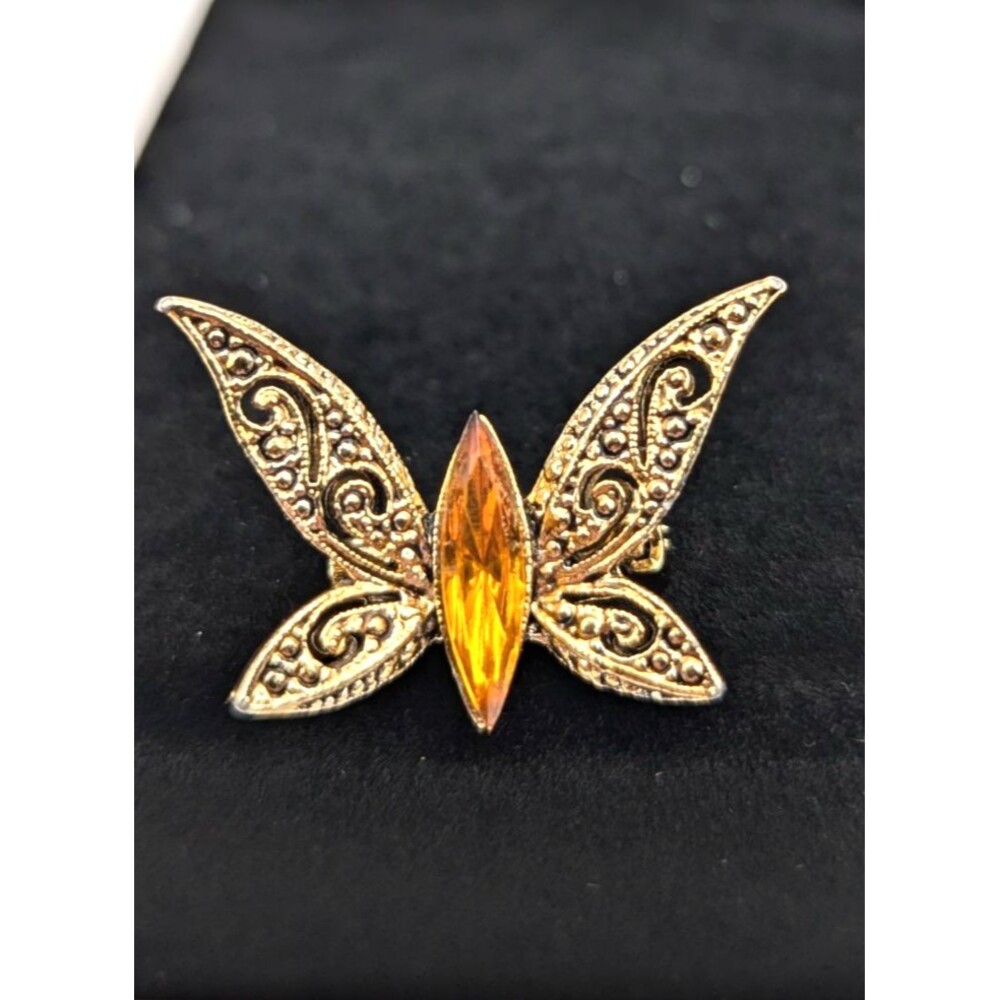 Vintage Gold Tone Butterfly Marquise Cut Amber Orange Gem Stone Brooch Pin